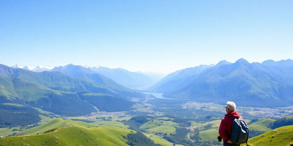 Lone traveler in picturesque New Zealand landscape.